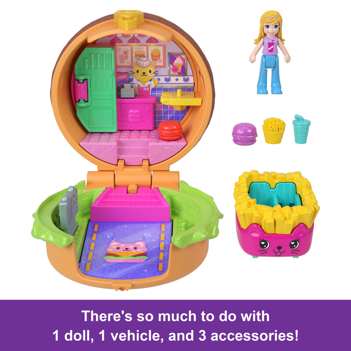 Polly Pocket Tiny Take Out Reveal Assortment, Micro Dolls & Compacts With Toy Cars, Food Theme Vehicle Collection