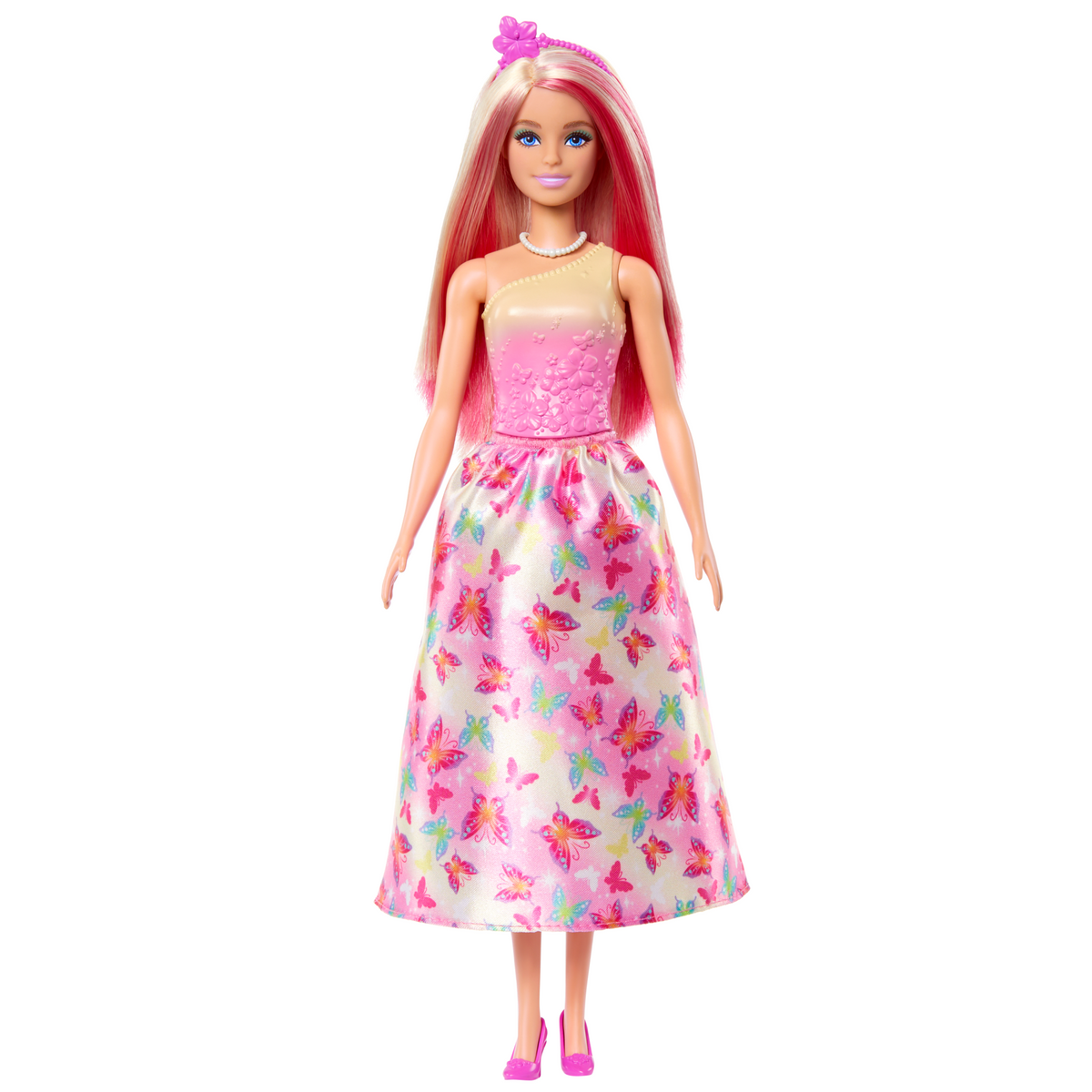 Poupée Barbie Royale Avec Cheveux Roses et Blonds, Jupe à Imprimé de Papillons et Accessoires